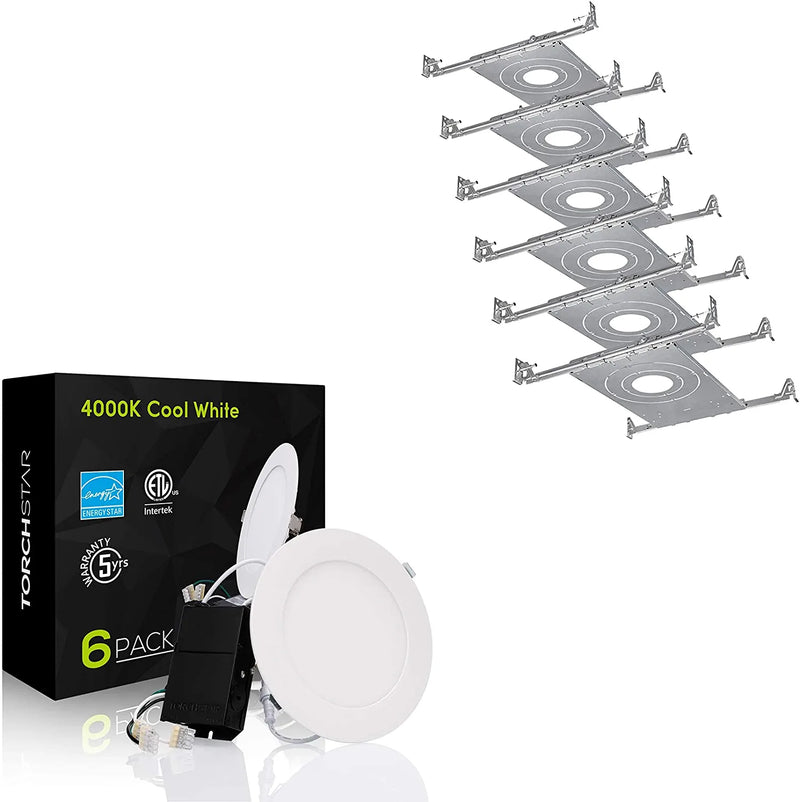 TORCHSTAR 6 Inch Slim LED Panel Downlight Bundle Mounting Plate, 6-Pack 13.5W Dimmable Ultra-Thin LED Recessed Light, Cool White & 6-Pack New Construction Mounting Plate, 3/4/6Inch Recessed Light Kit Home & Garden > Lighting > Flood & Spot Lights TORCHSTAR   