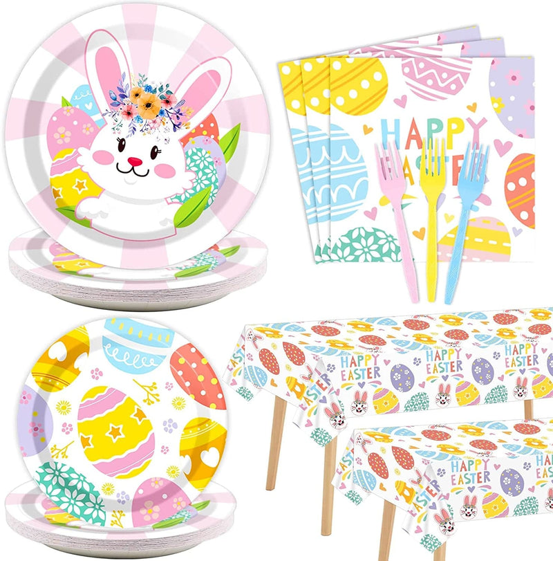 98PCS Easter Tableware and Tablecloth Egg Bunny Party Supplies Colorful Easter Eggs Hunt Decoration Disposable Plates Napkins Forks Table Cover for Easter Spring Holiday Party Favors Home & Garden > Decor > Seasonal & Holiday Decorations WeiPUS Easter  
