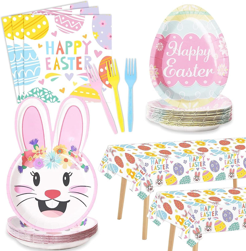 98PCS Easter Tableware and Tablecloth Egg Bunny Party Supplies Colorful Easter Eggs Hunt Decoration Disposable Plates Napkins Forks Table Cover for Easter Spring Holiday Party Favors Home & Garden > Decor > Seasonal & Holiday Decorations WeiPUS Easter Egg  