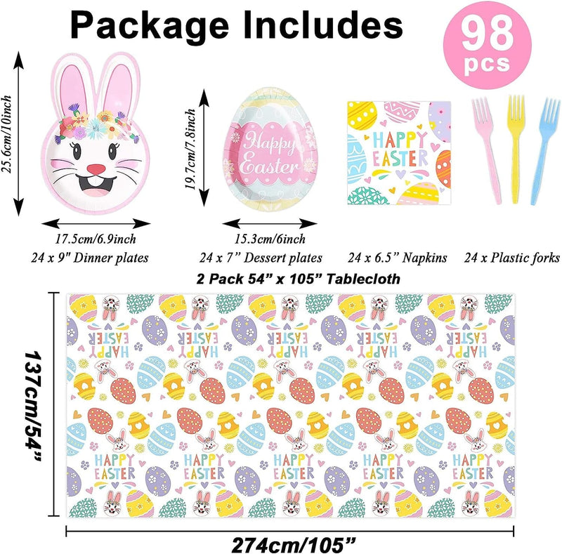 98PCS Easter Tableware and Tablecloth Egg Bunny Party Supplies Colorful Easter Eggs Hunt Decoration Disposable Plates Napkins Forks Table Cover for Easter Spring Holiday Party Favors Home & Garden > Decor > Seasonal & Holiday Decorations WeiPUS   