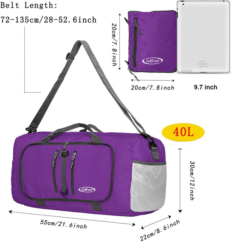 G4Free 22" Foldable Sports Bag 40L Water Resistant Carry on Tote Bag Overnight Weekender Bag Lightweight