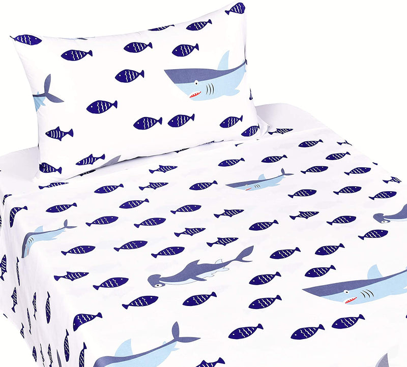 J-Pinno Shark Sea Fish Twin Sheet Set Kids Boys Bedroom Decoration Gift, 100% Cotton, Flat Sheet + Fitted Sheet + Pillowcase Bedding Set (Twin, 6) Home & Garden > Linens & Bedding > Bedding J pinno   