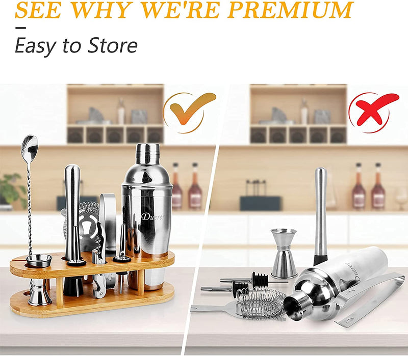 Duerer Bartender Kit with Stand, 11-Piece Cocktail Kit with Stylish Bamboo Stand, Perfect Home Bar Tool Set and Professional Martini Bartender Set, Perfect Drink Mixing Bar Set Tools