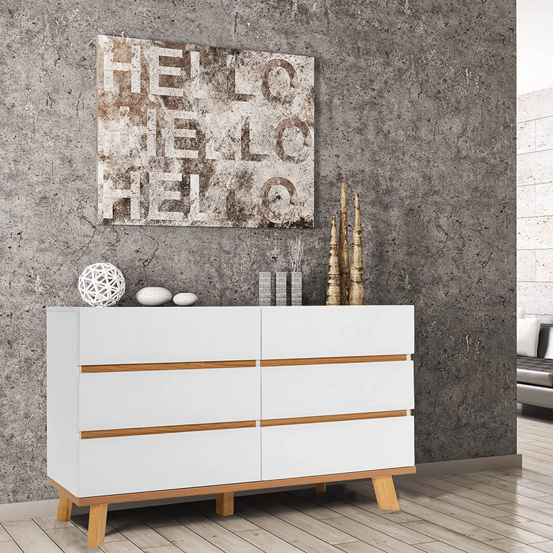 Modern Storage Cabinet, Sideboard Buffet Cabinet with 6 Large Drawers, WAYTRIM Free Standing Accent Cabinet for Living Room, Entryway, Hallway, Home Office, White