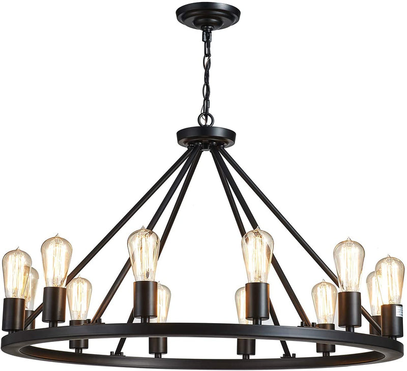 Saint Mossi Antique Painted Metal Chandelier Lighting with 12 Lights,Rustic Vintage Farmhouse Pendant Lighting Wagon Wheel Chandelier,Black Finish,H20 X D32 with Adjustable Chain Home & Garden > Lighting > Lighting Fixtures > Chandeliers SM Saint Mossi   