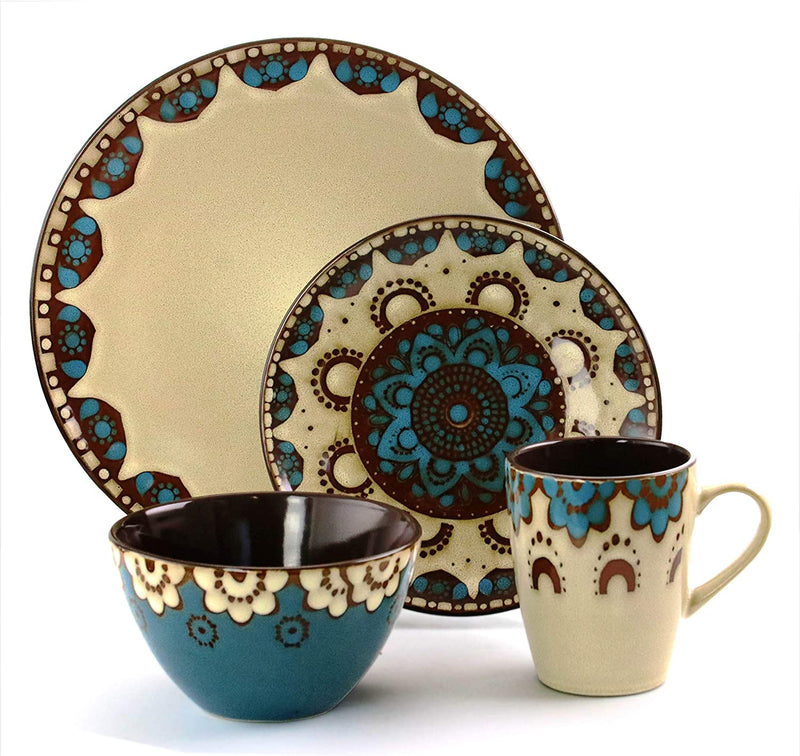 Elama CLAYHEART16 Clay Heart 16 Piece Luxurious Stoneware Dinnerware with Complete Setting for 4, 16Pc, Pc, Tan, Blue, Brown Home & Garden > Kitchen & Dining > Tableware > Dinnerware Elama   