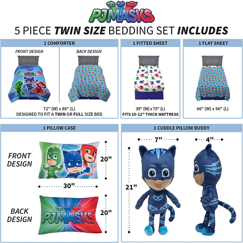 Franco Kids Bedding Comforter with Sheets and Cuddle Pillow Bedroom Set, (5 Piece) Twin Size, PJ Masks Home & Garden > Linens & Bedding > Bedding Franco   