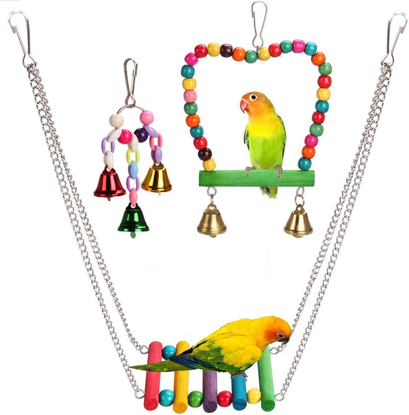 HAPPYTOY Bird Parrot Toys Play Fun Set for Cages, 7Pcs Colorful Chewing Hanging Swing Toy Bells, Wooden Spiral, Cotton Rope, Ladder Swing for Small Parrots, Macaws, Parakeets, Conures, Cockatiels, Lov Animals & Pet Supplies > Pet Supplies > Bird Supplies > Bird Toys HAPPYTOY Bird Swing Set2  