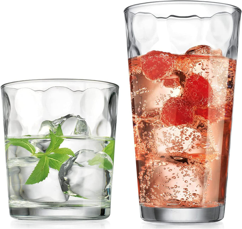 Drinking Glasses Set of 16 - by Home Essentials & beyond - 8 Highball Glasses (17 Oz.), 8 Rocks Whiskey Glass Cups (13 Oz.), Inner Circular Lensed Kitchen Glass Cups for Water, Juice and Cocktails. Home & Garden > Kitchen & Dining > Tableware > Drinkware Home Essentials & Beyond   