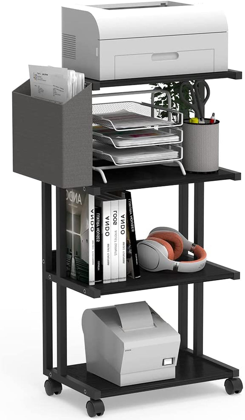 Espelism Premium 4-Tier Rolling Printer Stand Cart with Storage Bag Wooden Printer Table Shelf File Organizer Deskside Stand for Home Office Kitchen Bedroom (Brown)