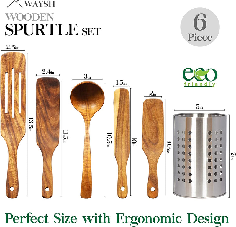 Spurtle Set - 6 Piece Wooden Kitchen Tools - Eco-Friendly with Natural Acacia Wood Soup Ladle & Stainless Steel Utensil Holder for Cooking, Baking, Mixing, and Serving by Waysh