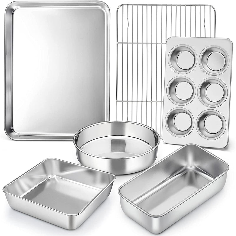 P&P CHEF Baking Pans Bakeware Set of 6, Stainless Steel Bakeware Sets Include Baking Sheet with Rack, round / Square Cake Pan, Loaf Pan & Muffin Pans, Oven & Dishwasher Safe