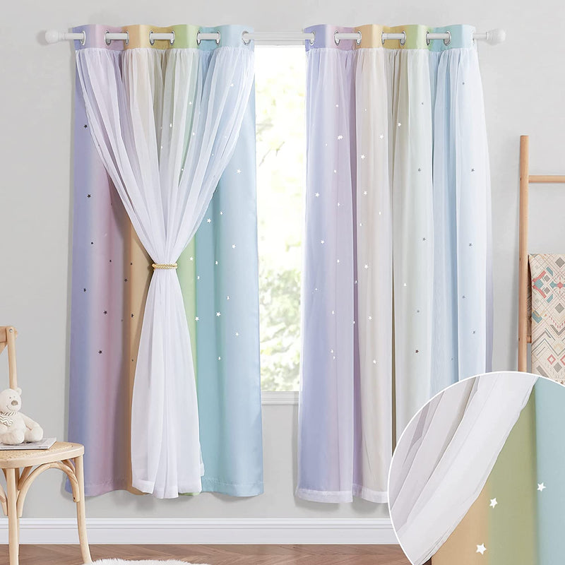 NICETOWN Nursery Curtains for Kids, Farmhouse Blackout Curtain Panels for Bedroom, Double Layer Star Hollow-Out Grommet Aesthetic Living Room Toddler Window Curtains, 2 Pcs, W52 X L84, Biscotti Beige Home & Garden > Decor > Window Treatments > Curtains & Drapes NICETOWN Rainbow-1 W52 x L72 