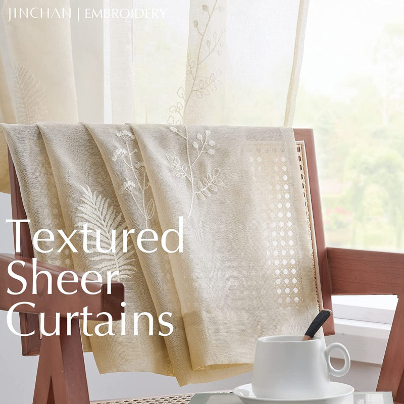 JINCHAN Sheer Embroidered Curtains for Living Room 84 Inch Length 2 Panels Leaf Pattern Voile for Bedroom Botanical Design Rod Pocket Top Window Treatments Sheers for Kitchen White on Taupe Home & Garden > Decor > Window Treatments > Curtains & Drapes CKNY HOME FASHION   