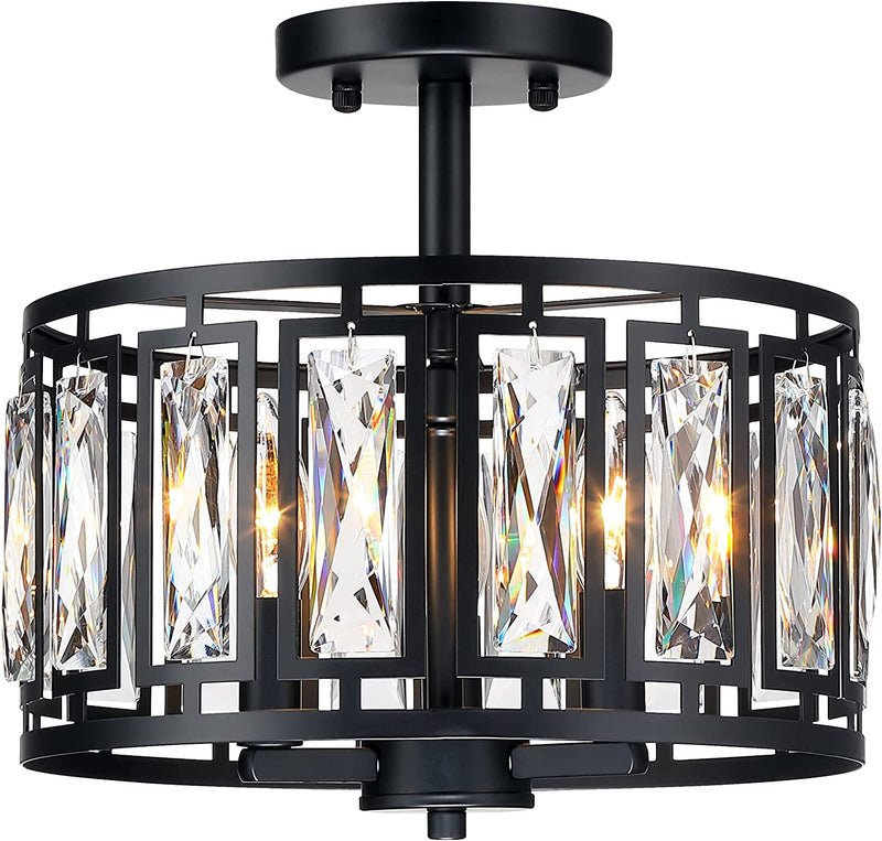 Mini Crystal Semi Flush Mount Ceiling Light, Convertible Pendant Lighting Fixture for Kitchen Island, Chrome Drum Shade Adjustable Hanging Ceiling Lamp for Hallway Entryway