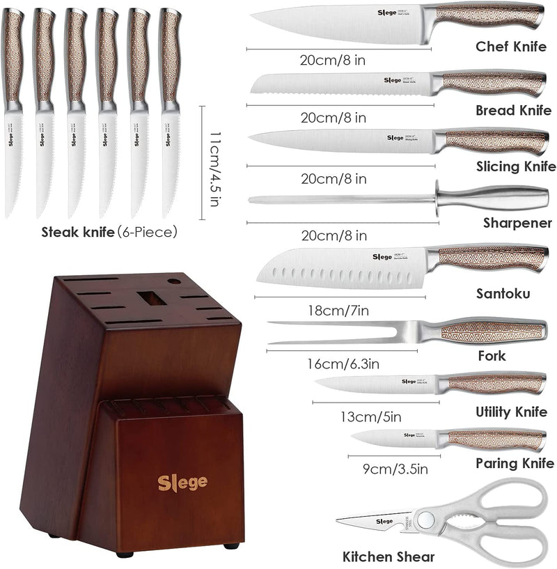 Knife Set with Block,High Carbon Stainless-Steel Knives Set for Kitchen,Professional 16 Piece Chef Knife Set with Carving Fork,Manual Sharpener and Non-Slip Hollow Handles