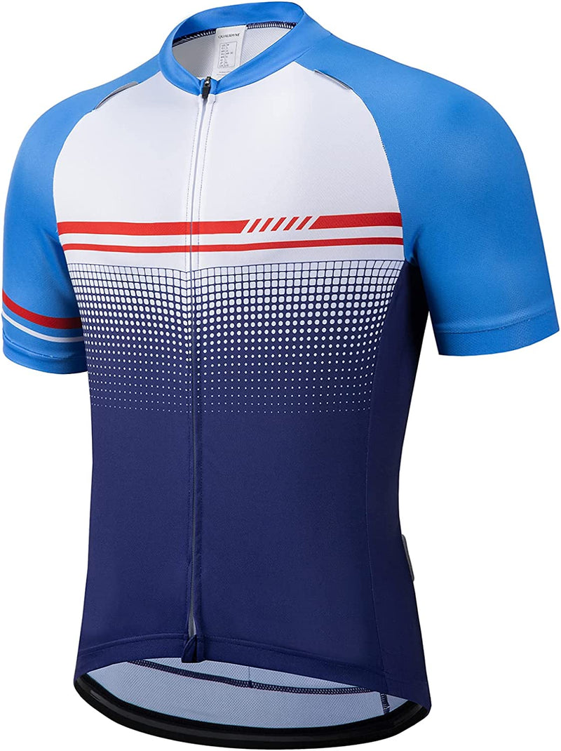 Qualidyne Men'S Cycling Jersey Short Sleeve Bike Biking Shirts Full Zipper Bicycle Tops with Pockets Sporting Goods > Outdoor Recreation > Cycling > Cycling Apparel & Accessories qualidyne Blue Multi XX-Large 
