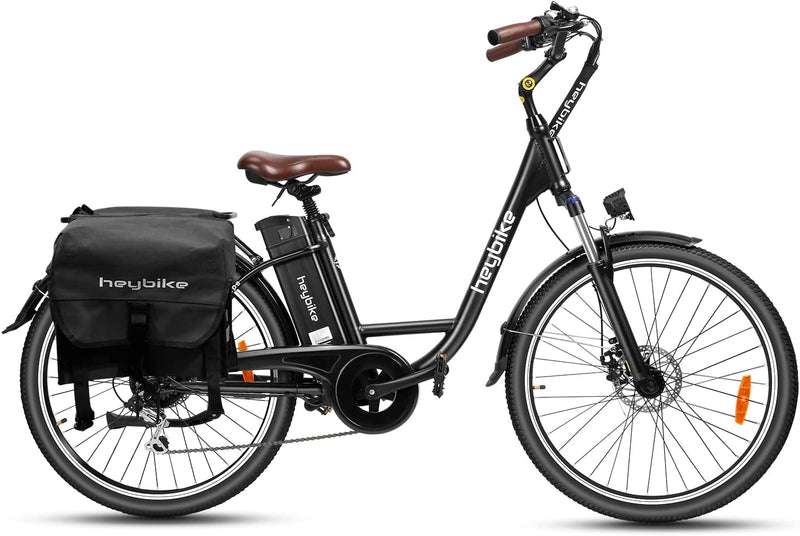 Heybike Cityscape Electric Bike 350W Electric City Cruiser Bicycle up to 40 Miles Removable Battery, Shimano 7-Speed and Dual Shock Absorber, 26" Electric Commuter Bike for Adults Sporting Goods > Outdoor Recreation > Cycling > Bicycles Heybike Black With Black Saddlebag 