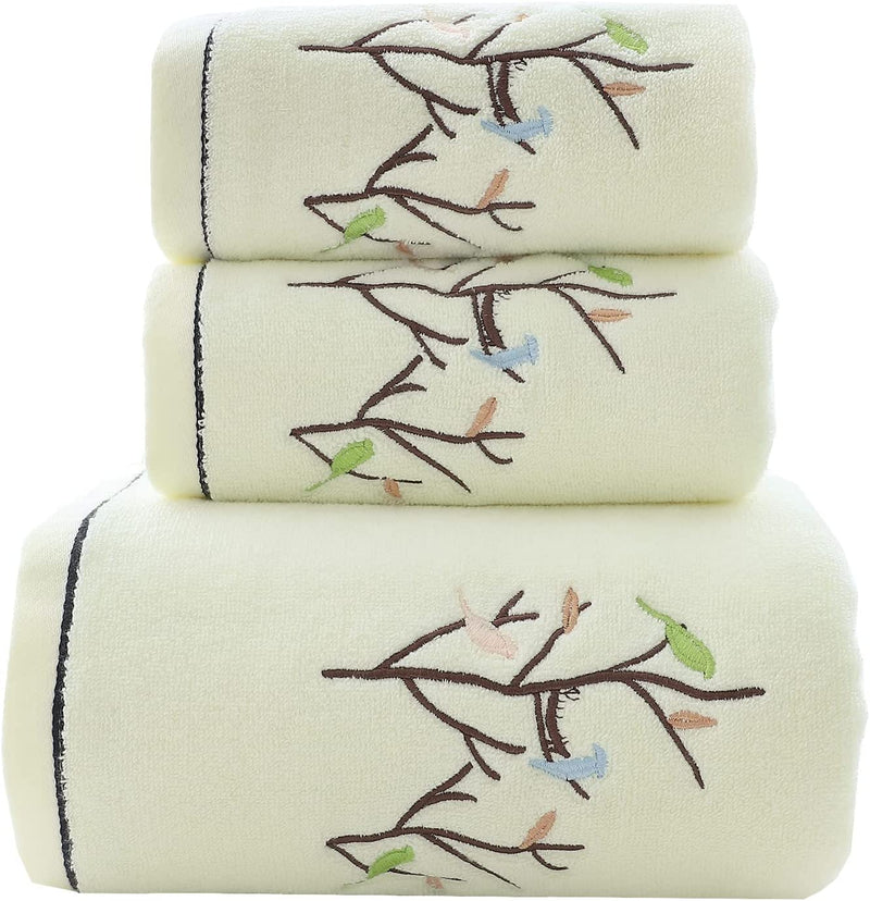 Pidada Hand Towels Set of 2 Embroidered Bird Tree Pattern 100% Cotton Highly Absorbent Soft Luxury Towel for Bathroom 13.8 X 29.5 Inch (Brown) Home & Garden > Linens & Bedding > Towels Pidada Light Yellow Towel Set 27.6 x 55 & 13.8 x 29.5 