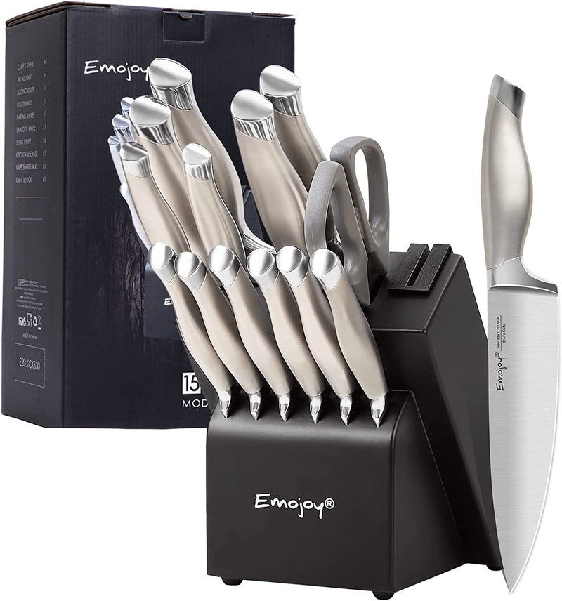 Emojoy Knife Set with Block, 15 Pieces Kitchen Knife Set with Built-In Sharpener, German Stainless Steel Sharp Chef Knife Set with Hollow Handle, Dishwasher Safe and Rust Proof, Grey Home & Garden > Kitchen & Dining > Kitchen Tools & Utensils > Kitchen Knives Emojoy Gray  