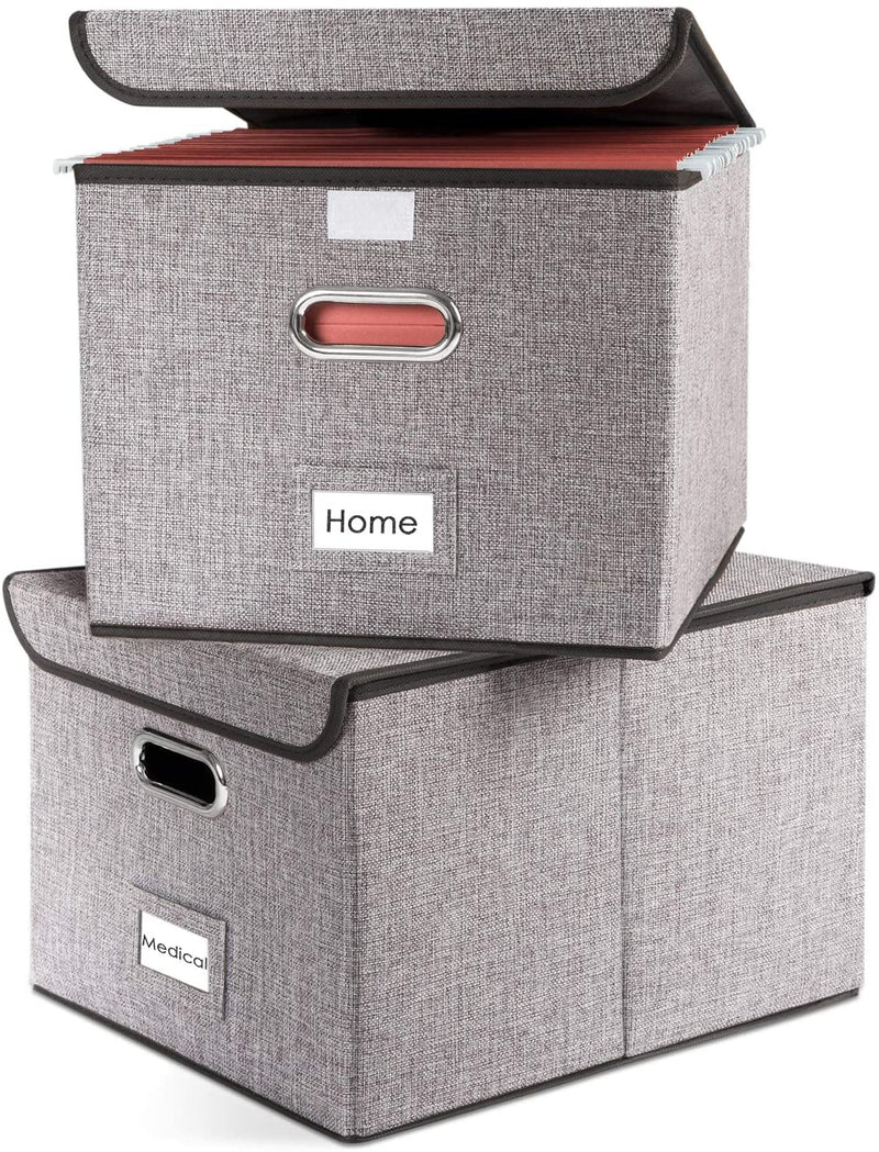 PRANDOM File Organizer Box - Set of 4 Collapsible Decorative Linen Filing Storage Hanging File Folders with Lids Office Cabinet Letter Size (15X12.2X10.75 Inch) Home & Garden > Household Supplies > Storage & Organization PRANDOM Grey (2-pack) without folders 