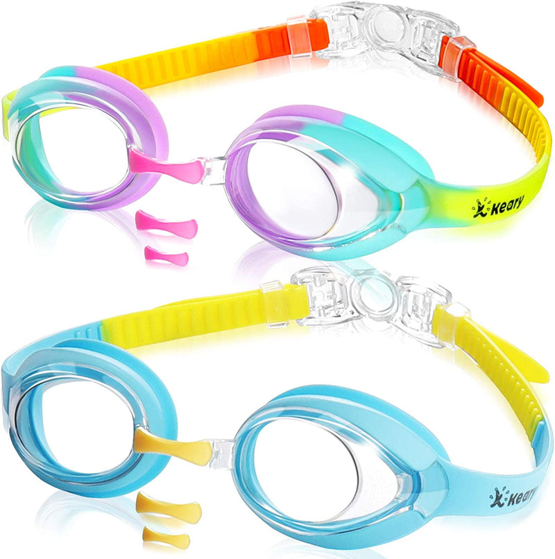 Keary 2 Pack Kids Swim Goggles for Toddler Kids Youth(3-12),Anti-Fog Waterproof Anti-Uv Clear Vision Water Pool Goggles Sporting Goods > Outdoor Recreation > Boating & Water Sports > Swimming > Swim Goggles & Masks Keary Clear Rainbow & Blue(2 Pack)  