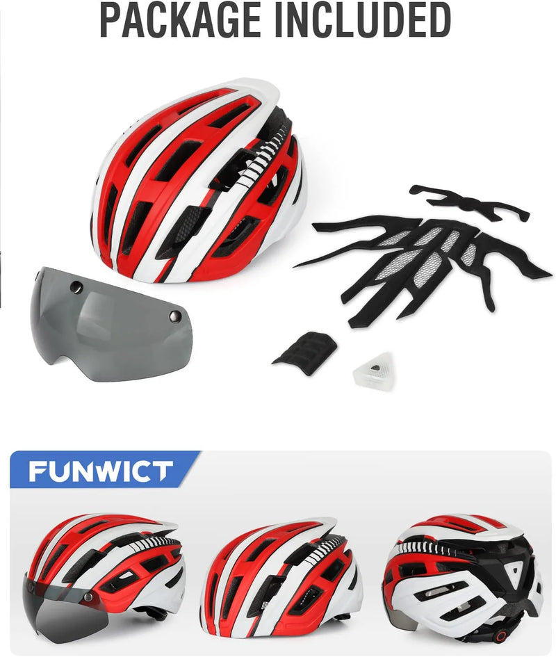 FUNWICT Adult Bike Helmet for Men Women with Led Light Detachable Magnetic Goggles Visor Mountain & Road Bicycle Helmet Breathable Lightweight Cycling Helmet
