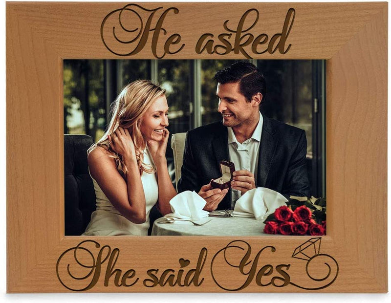Kate Posh - He Asked, She Said Yes Engraved Natural Wood Picture Frame - Engagement Gifts, Best Friends Gifts, Valentine'S Day Gifts, Christmas Gifts, Future Mr. & Mrs. Gifts (5X7-Vertical)