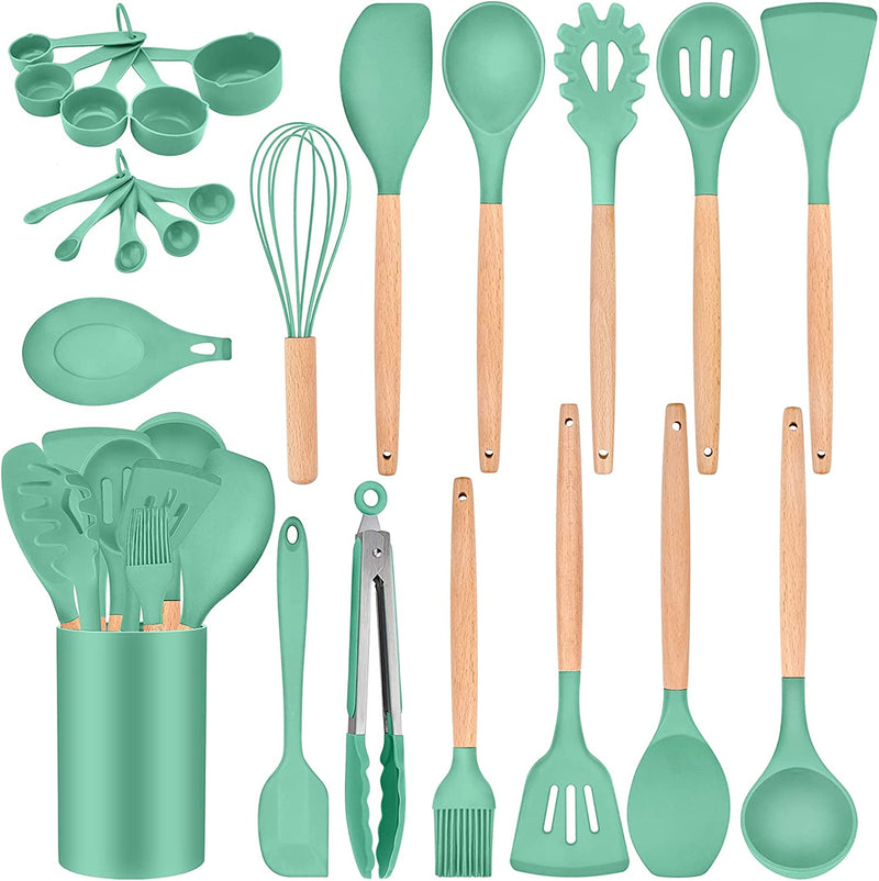 Teamfar 24PCS Cooking Utensil Set with Holder, Silicone Kitchen Cookware Tools with Wooden Handle, Spatula Spoon Turner, Non-Toxic & Non-Stick, Heat-Resistant & Dishwasher Safe, Colorful Home & Garden > Kitchen & Dining > Kitchen Tools & Utensils TeamFar Green 24 