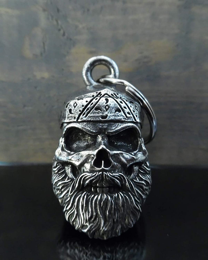 Old School Biker Skull Bell with Skull Wing Bell Hanger - Motorcycle Biker Bell Accessory or Key Chain for Luck