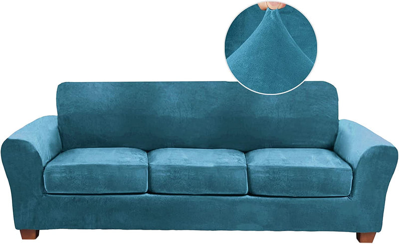 FY FIBER HOUSE Velvet Sofa Couch Cover for 3 Cushion Couch Sofa Covers for Living Room 4 Piece Plush Set Furniture Covers for Sofa Slipcover Stretch for Dogs, Taupe (71.5"-95.5") Home & Garden > Decor > Chair & Sofa Cushions FY FIBER HOUSE Peacock Blue (Width: 71.5"-95.5")  