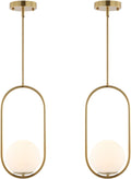 BYOLIIMA Modern Gold Globe Pendant Light Mid Century Chandelier 1-Light Brushed Brass Ceiling Hanging Lighting Fixture with White Globe Glass Lampshade for Kitchen Island Dining Room Bedroom (2 Pack)