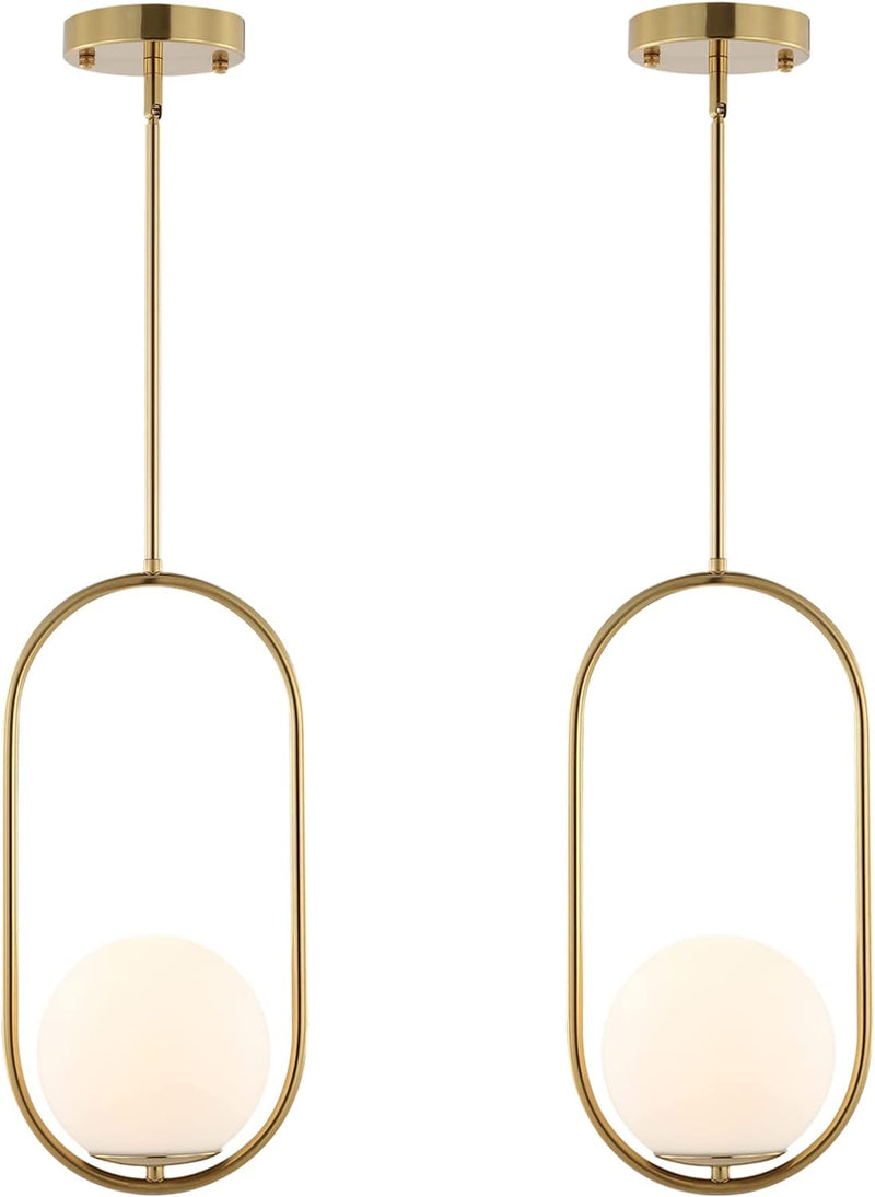 BYOLIIMA Modern Gold Globe Pendant Light Mid Century Chandelier 1-Light Brushed Brass Ceiling Hanging Lighting Fixture with White Globe Glass Lampshade for Kitchen Island Dining Room Bedroom (2 Pack)