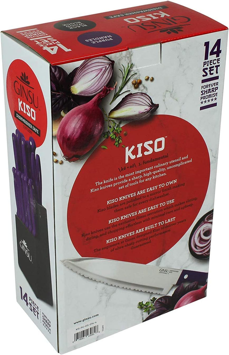 GINSU KIS-PU-DS-014-4 Kiso Dishwasher Safe Purple 14 Piece Knife Set with Black Block, 9" W X 15" H X 5" D