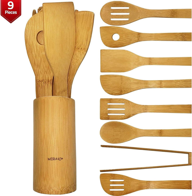 Meraki+ (9 Pack) Bamboo Cooking Utensils, Durable Wooden Kitchen Utensil Set with Holder, Eco Friendly Wood Kitchen Gadgets, Kitchen Tool Set for Nonstick Cookware, Wooden Cooking Spoons & Spatulas