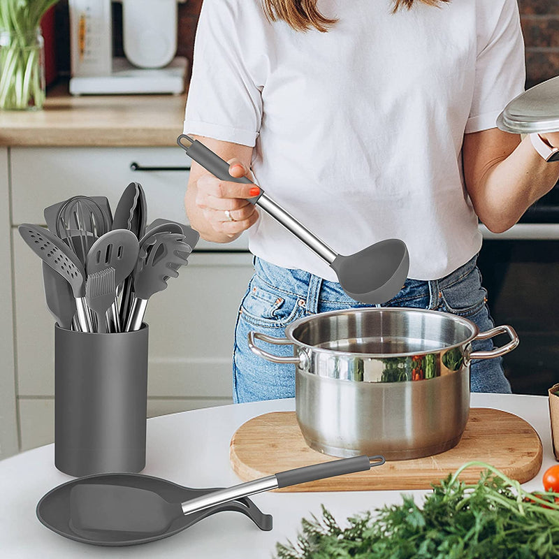 Herogo 30-Piece Cooking Utensils Set with Holder, Silicone Kitchen Utensils Set with Stainless Steel Handle, Heat Resistant Cooking Gadget Tools for Nonstick Cookware, Dishwasher Safe, Gray Home & Garden > Kitchen & Dining > Kitchen Tools & Utensils Herogo   