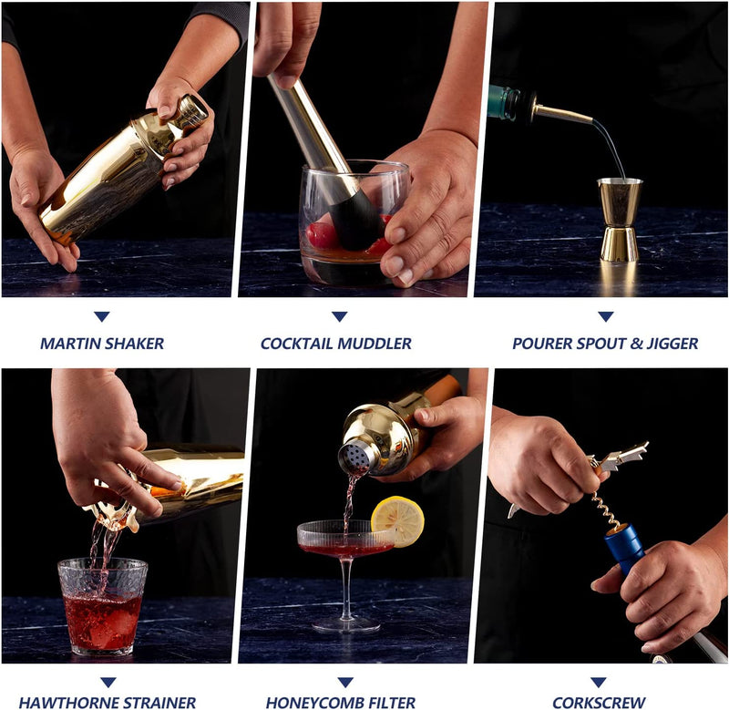 JNWINOG Shakers Bartending, 11Pcs-Cocktail Shaker Set Gold Drink Mixer with 25Oz Martini Shaker,Muddler,Bar Spoon and More Professional for Home and Bartender.(Gold)