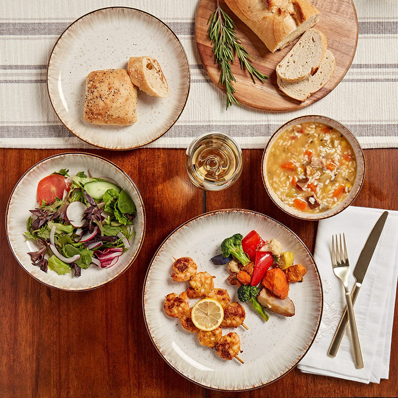 Tabletops Gallery Speckled Farmhouse Collection- Stoneware Dishes Service for 4 Dinner Salad Appetizer Dessert Plate Bowls, 16 Piece Jura Embossed Dinnerware Set in Caramel Home & Garden > Kitchen & Dining > Tableware > Dinnerware Tabletops Gallery Timeless Designs Since 1983   
