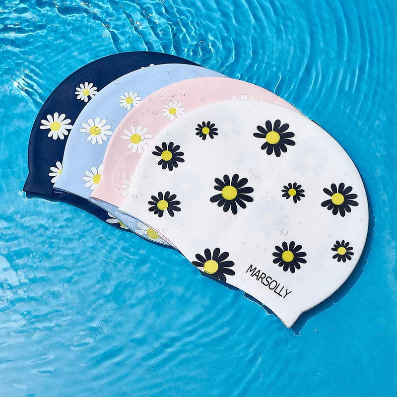 Marsolly Silicone Swim Cap for Women, Waterproof Long Hair Swimming Caps with Flower Printed Sporting Goods > Outdoor Recreation > Boating & Water Sports > Swimming > Swim Caps LEHE   