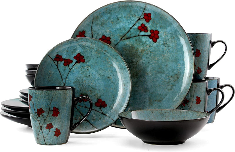 Elama round Stoneware Floral Dinnerware Dish Set, 16 Piece, Blue with Red Accents