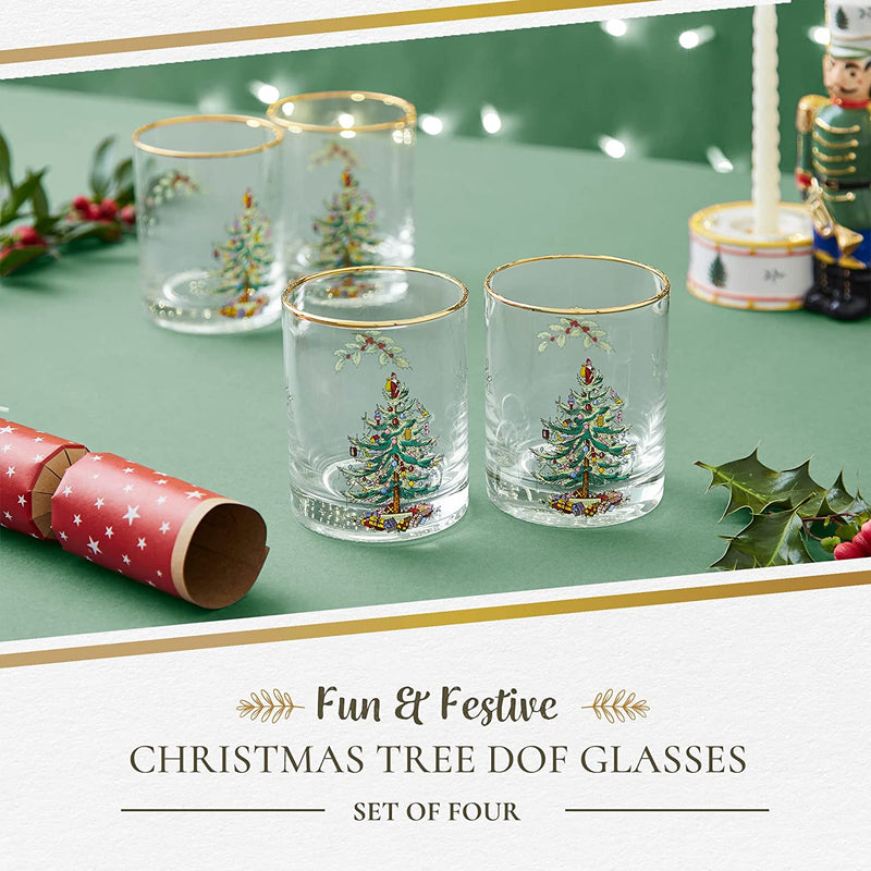 Spode Christmas Tree Glass, Double Old Fashion (DOF) Glasses, Gold Rimmed, 14-Ounce,Classic Holiday Design, Serve Whiskey, Creamy Eggnog or Other Beverages-Set of 4