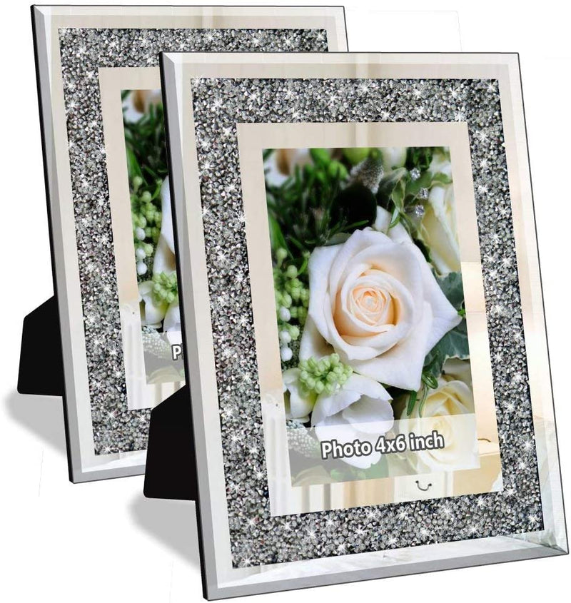 Crushed Diamond Wedding Mirror Photo Frame, Crystal Silver Glass Picture Frame for Photograph Size 11X14 Inch with Mat for 8X10Inch, Pack of 2 Pieces Wall Frame. Bling Sparkle Crushed Diamond Home Decor. Home & Garden > Decor > Picture Frames MY 4x6  