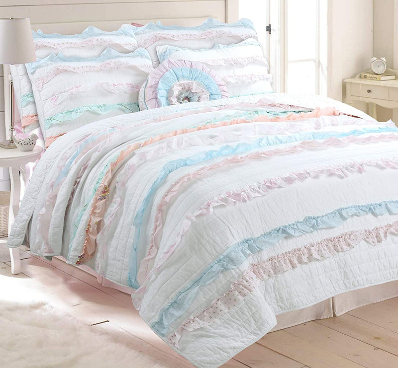 Cozy Line Home Fashions Colorful Striped Ruffle Floral 100% Cotton Reversible Girl Quilt Bedding Set, Reversible Coverlet Bedspread (Rainbow, Queen - 3 Piece) Home & Garden > Linens & Bedding > Bedding Cozy Line Home Fashions Shabby Chic Queen+Décor Pillow 