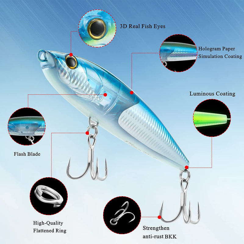 JWPRYLUD Saltwater Fishing Lures Tuna Gt,Large Topwater Pencil Popper Hard Bait 6.9In/3.2Oz,Equipped Sharp Sea Water Treble Hooks 4X Strength,Flash Blade Floating Trolling Sporting Goods > Outdoor Recreation > Fishing > Fishing Tackle > Fishing Baits & Lures JWPRYLUD   