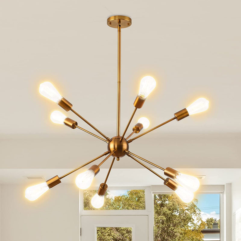 HOXIYA Dimmable 26.3" Modern Plug in Sputnik Chandelier with Cord, Brushed Brass 8-Lights Pendant Light Fixture, Midcentury Hanging Ceiling Lighting for Foyer, Entryway, Bedroom, Dining Room, Kitchen Home & Garden > Lighting > Lighting Fixtures > Chandeliers HOXIYA Gold 10-Light 