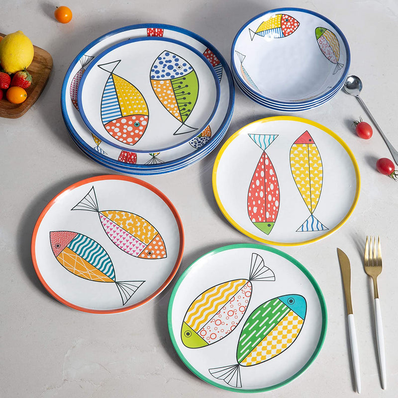Melamine Dinnerware Set for 4, Plates and Bowls Sets, Great for Camper, RV, Indoors Outdoors Use with Ocean Printed, Unbreakable Home & Garden > Kitchen & Dining > Tableware > Dinnerware Gofunfun   