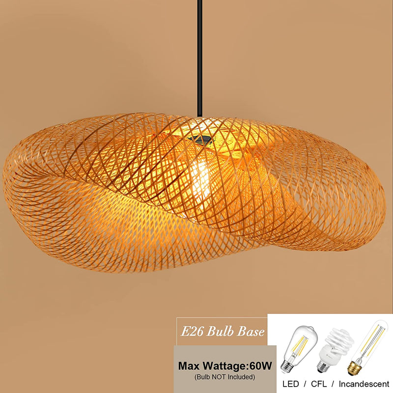 JIA LE SHI Farmhouse Pendant Light Fixtures, 14.96” Handwoven Bamboo Pendant Light Twisted Ceiling Wicker Pendant Lighting for Kitchen Island Dining Room Bedroom Living Room