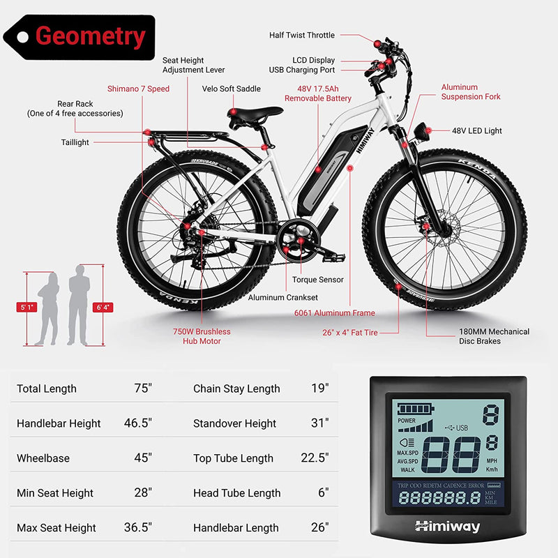 Himiway Cruiser Electric Bike, 60Miles Range 48V 17.5Ah Battery 750W Motor 26" X 4" Fat Tire Electric Bike, 25MPH Electric Bicycle 350LBS Payload, Shimano 7 Speed, UL Certified Sporting Goods > Outdoor Recreation > Cycling > Bicycles WUXI HAIDONG INTELLIGENT TECHNOLOGY CO., LTD   