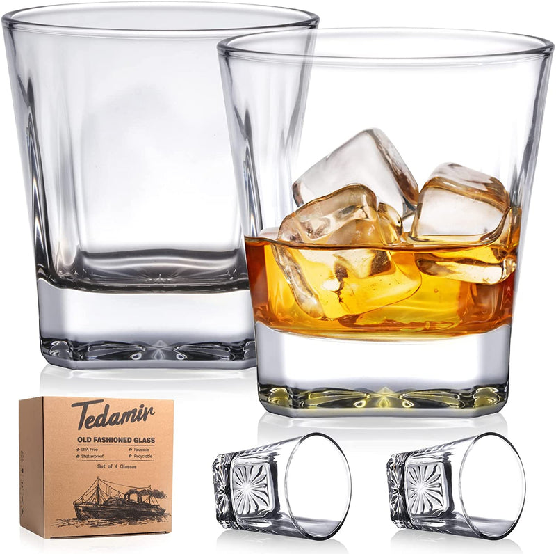 Set of 4 Whiskey Glass with Gift Box, 10 Oz Classic Rocks Barware Old Fashioned Glasses for Scotch Cocktail Whisky Rum Cognac Vodka Liquor Home & Garden > Kitchen & Dining > Barware Tedamir Classic Square Base  