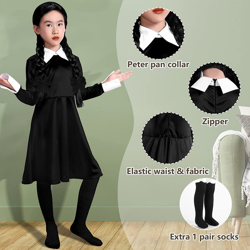 Wigood Wednesday Costume Girls Dress for Kids Addams Costumes Halloween Cosplay Party Dress with Socks 3-12 Years